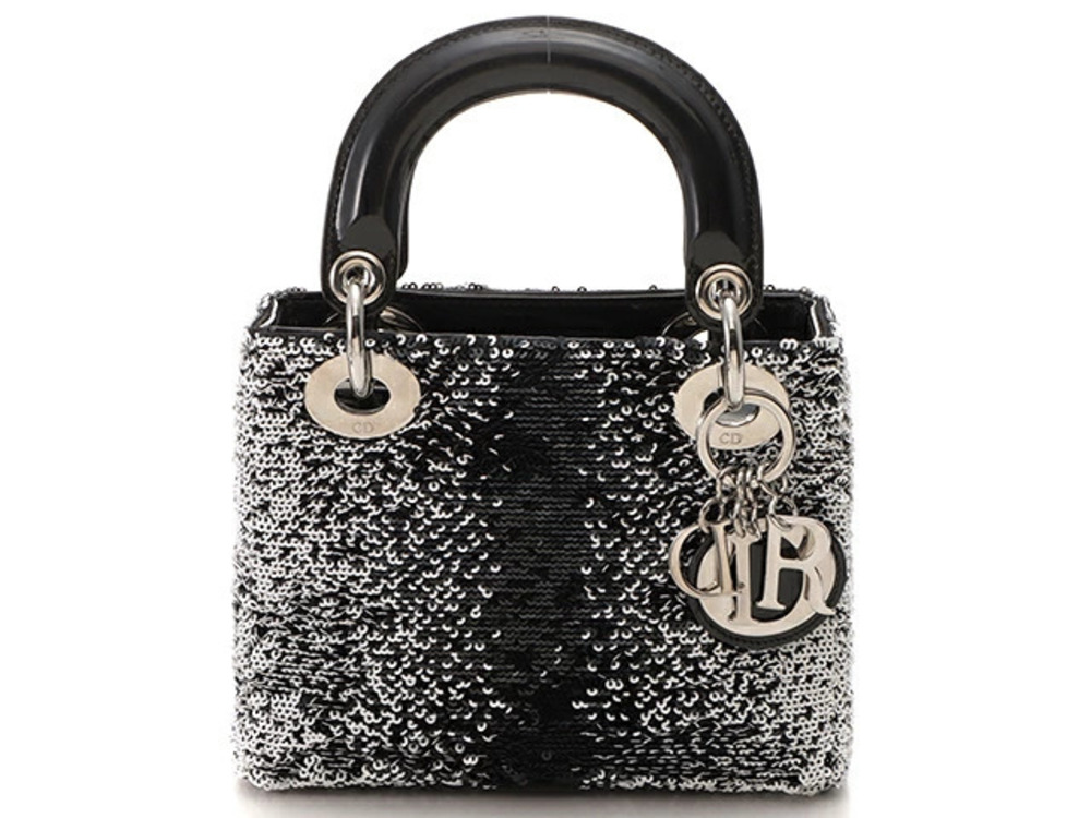 Christian Dior Lady Handbag Black White Patent Vernis Leather Sequins